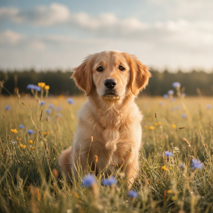 A photorealistic golden retriever puppy sitting in a sunlit meadow, shallow depth of field