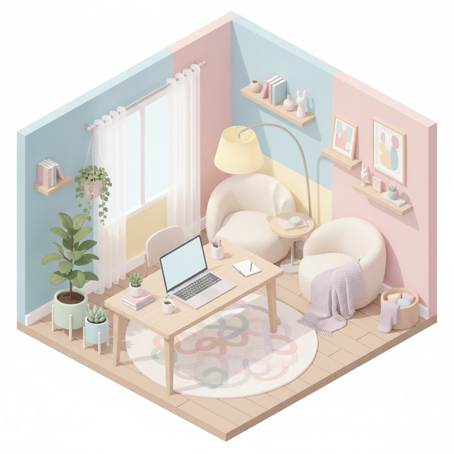 Isometric illustration of a cozy home office with plants and a laptop, pastel colours