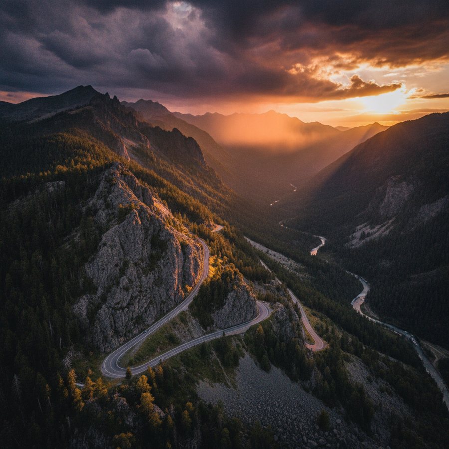 Cinematic aerial view of a winding mountain road at sunset, dramatic clouds