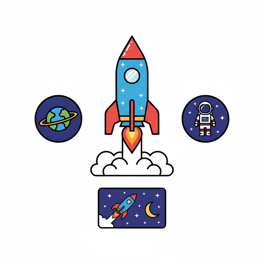 Flat vector icon set style illustration of a rocket launching, bold colours, white background