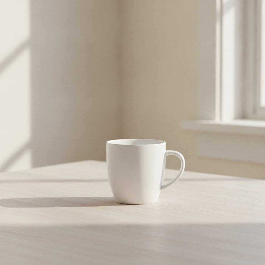 Minimalist product photo of a white ceramic coffee mug on a pale oak table, soft morning light