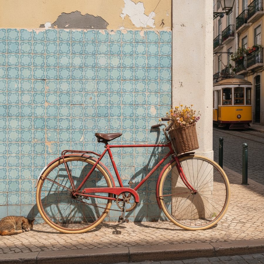 A red vintage bicycle leaning against a pastel blue wall in Lisbon, street photography